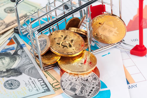 Preview: bitcoin, chart and us dollar. Finance trading