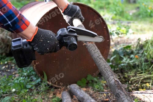 Preview: A man in gloves saws a wooden tree trunk with a saw.