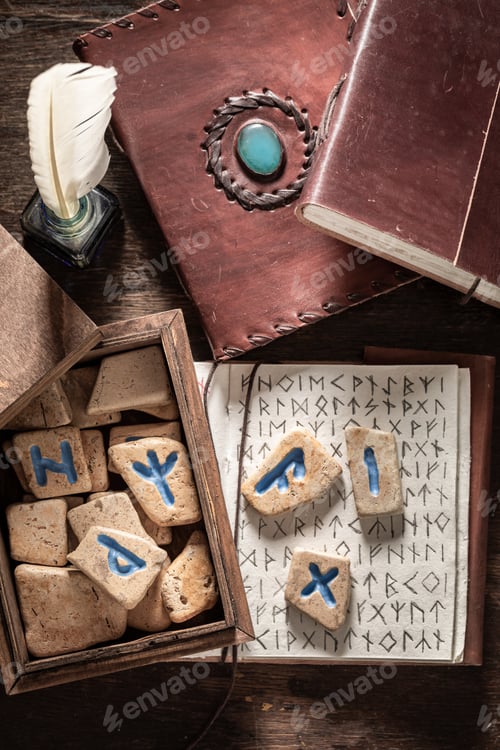 Preview: Vintage book with futhark alphabet and runic stones