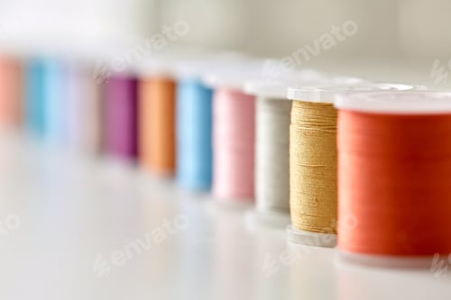Preview: row of colorful thread spools on table