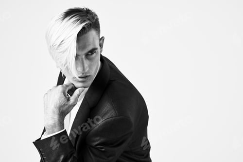 Preview: man in black jacket fashionable hairstyle self confidence posing