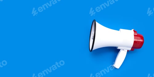 Preview: Red and white megaphone on blue background.