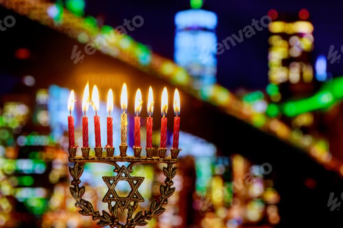 Preview: Jewish holiday hannukah symbols - menorah. Copy space background.