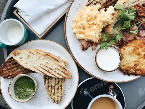 Preview: overhead shot of breakfast / yummy food / scrambled eggs and bacon / bread / coffee