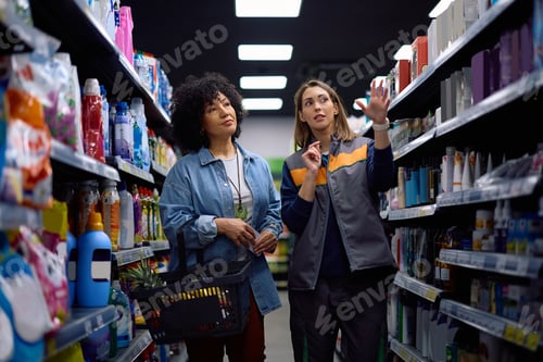 Preview: Mature woman talking to female worker while shopping in a supermarket.