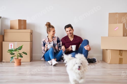 Preview: Young Couple Relaxing in New Home with Dog
