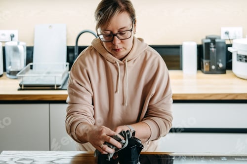 Preview: A woman wearing glasses and a hoodie wipes a black kitchen appliance on the counter