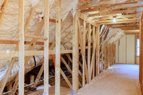 Preview: During construction of a new home, spray foam thermal hydro insulation is installed on walls