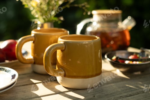 Preview: Summer tea party outdoors. Morning breakfast in fresh air.