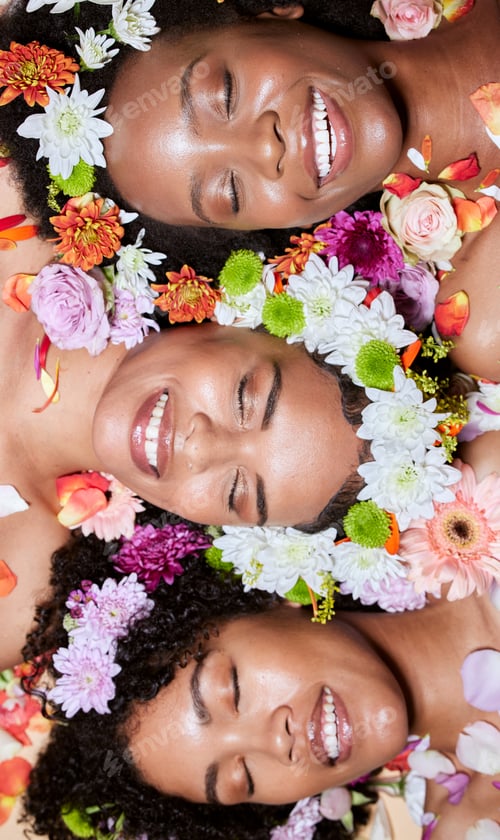 Preview: Black women, flowers and skincare wellness of diversity, cosmetic and facial health with plants. Bl