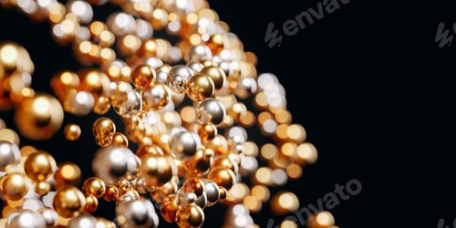 Preview: The flow of golden spheres on black background.