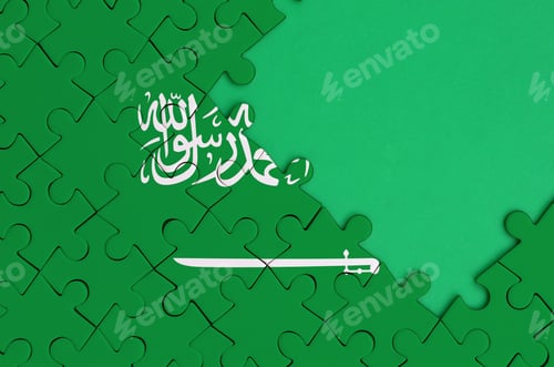 Preview: Saudi Arabia flag is depicted on a completed jigsaw puzzle with free green copy space on the right