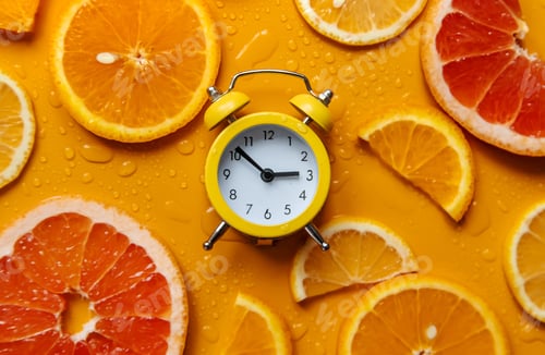 Preview: Clock and citruses summer time concept. Selective focus.