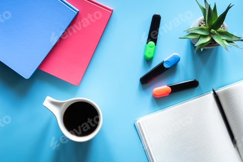 Preview: Flat lay with stationery items, pupil and student workplace concept.