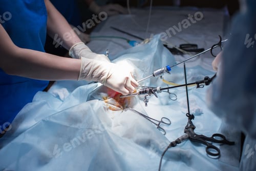 Preview: Vet doing the operation for sterilization. The cat on the operating table in a veterinary clinic.