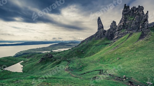 Preview: Dramatic clouds over Old Man of Storr in Scotland