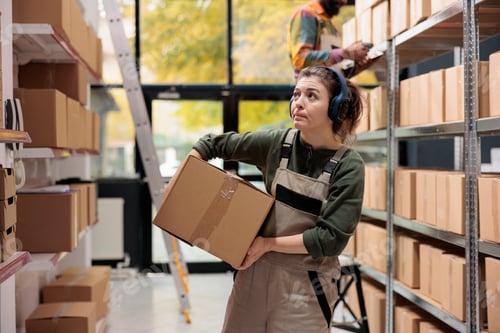Preview: Storage room manager looking at shelves full with boxes