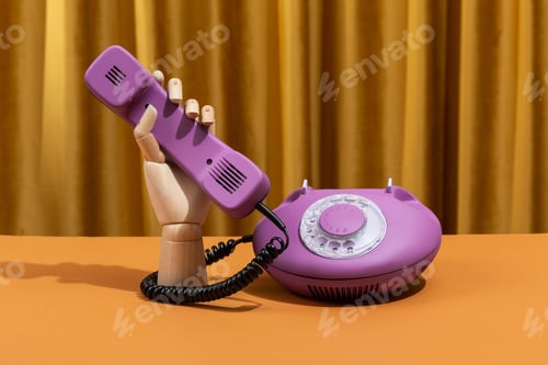 Preview: Wooden hand dials a number on a retro phone. Conceptual photo