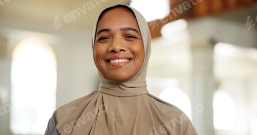 Preview: Smile, muslim and portrait of woman in mosque for praying, worship and islam religion. Eid Mubarak,