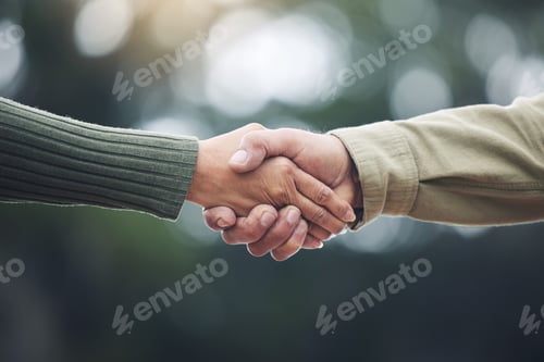 Preview: Shaking hands, senior man and people together in partnership, greeting or welcome with trust, bondi