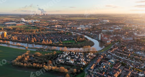 Preview: Aerial panoramic landscape of the River Ouse flowing through Selby in North Yorkshire, UK