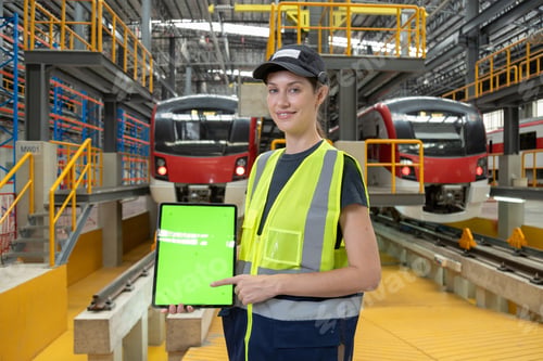 Preview: Portrait of Engineer train Inspect the Railway Electrification System track in depot of train