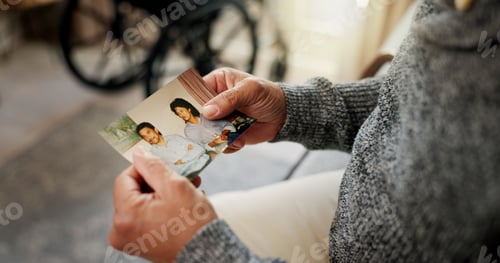 Preview: Home, hands and old man with pictures, nostalgia and healing with memory, relax and wonder. Pension