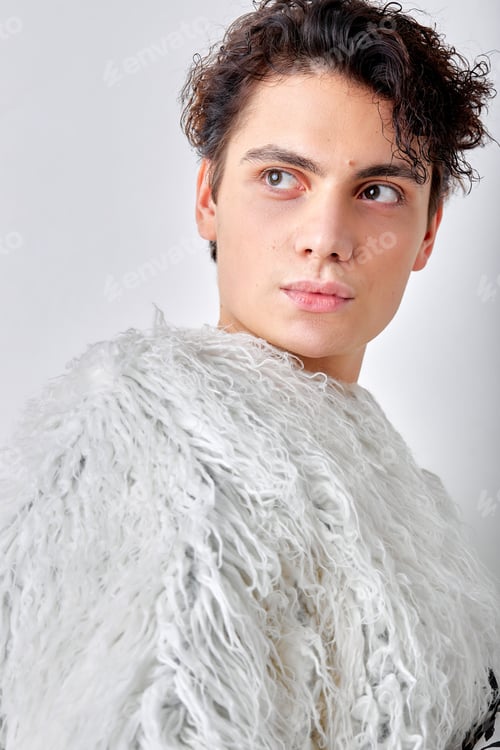 Preview: Awesome caucasian or hispanic gay man with natural make up in stylish clothes