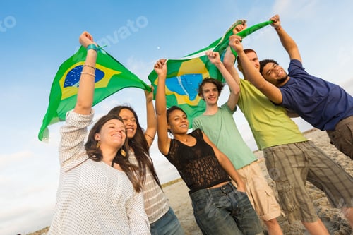 Preview: Group of Friends with Brazilian Flag at Beach