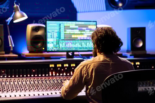 Preview: Man Working at Audio Mixing Desk at Night