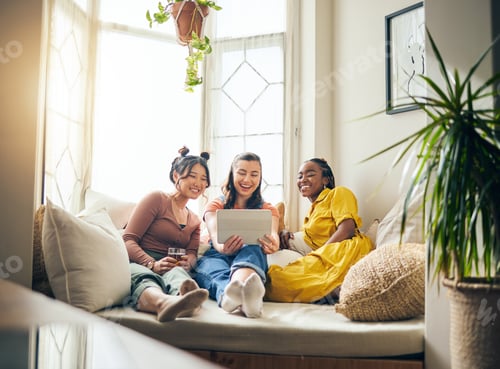 Preview: Home, friends and women with a tablet, connection or smile with live streaming, online reading or s