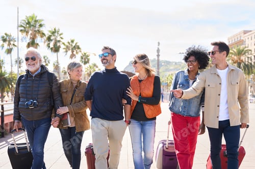 Preview: Group of smiling middle-aged friends walking carefree with their luggage on street European