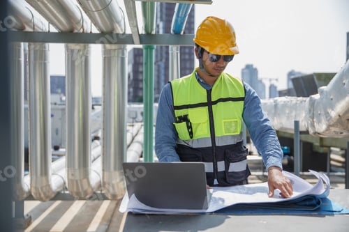 Preview: Male operator worker reading blueprint checking drawing plan cooling air piping HVAC system