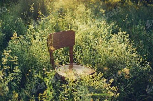 Preview: Rustic wooden chair among wildflowers and herbs in summer meadow in sunset light