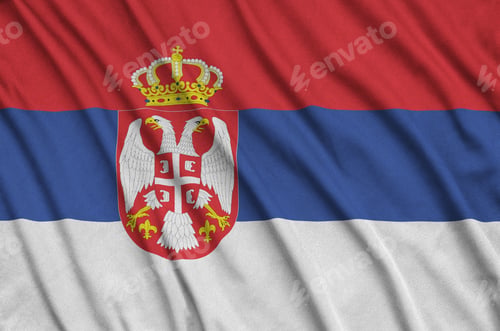 Preview: Serbia flag is depicted on a sports cloth fabric with many folds. Sport team waving banner