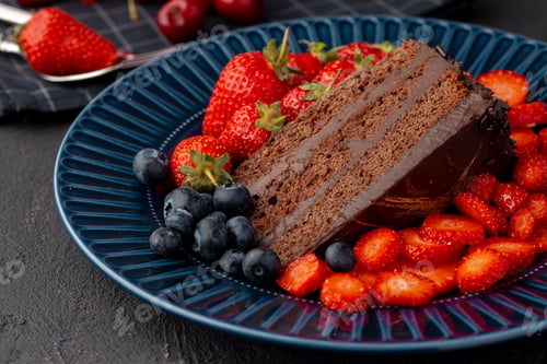 Preview: Slice of tasty chocolate cake with cut strawberries