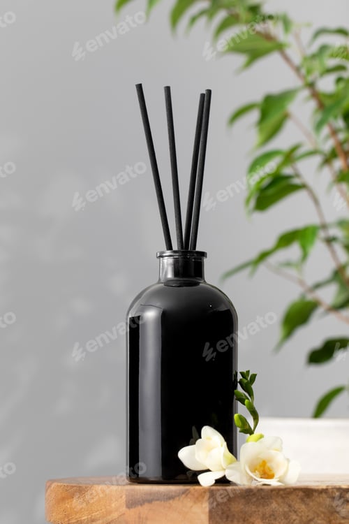 Preview: Black glass diffuser with the scent of flowers. The concept of home comfort, perfumes for the room.