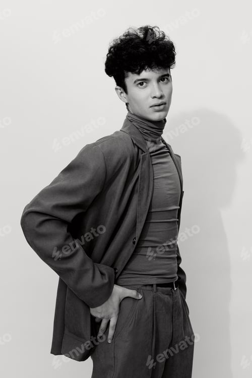 Preview: Man pose clothing trendy style suit executive handsome black fashion and white studio