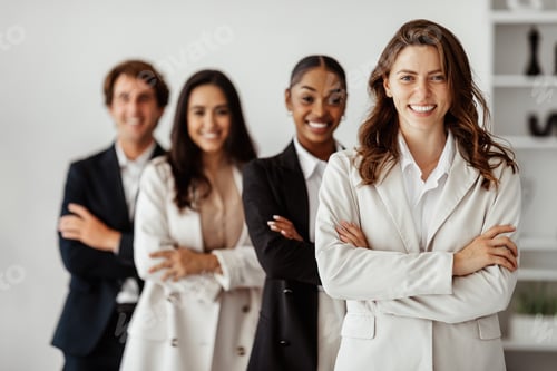 Preview: Multiethnic business team. Group of multicultural colleagues with female boss posing in office