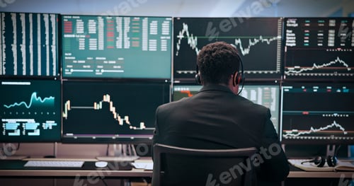 Preview: Businessman, trading and monitor with headset at office for stats, graphs and night with stock mark