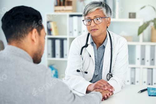 Preview: Empathy, sad and holding hands with doctor and patient in hospital for consulting, medical and canc