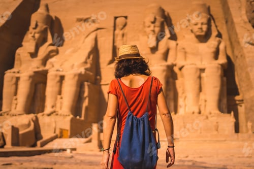 Preview: A Young Tourist In A Red Dress And Straw Hat Walking Towards The Abu Simbel Temple In Southern