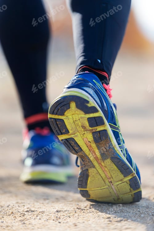 Preview: Runner Man Feet Running on Road closeup on shoe