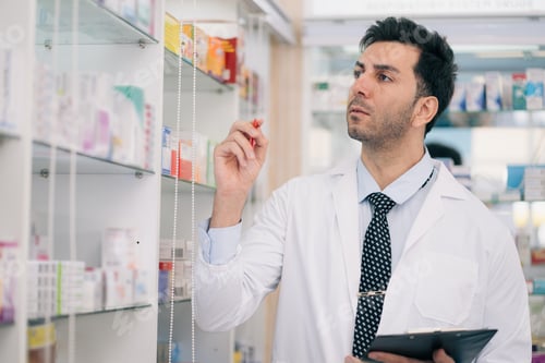 Preview: Pharmacist checking stock of drug on shelves with digital tablet