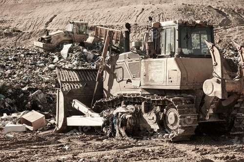 Preview: Heavy machinery shredding garbage in an open air landfill. Pollution