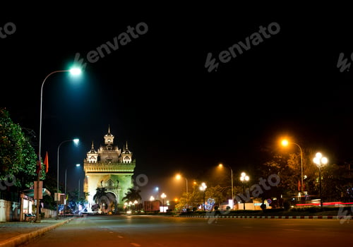 Preview: patuxai arch landmark in vientiane city laos at night