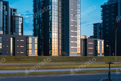 Preview: Facade exterior building and glass window reflect with sunset shine