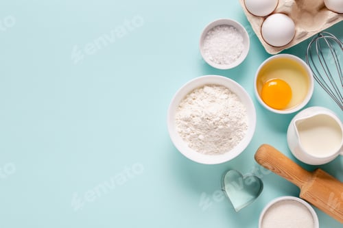 Preview: Baking or cooking background. Ingredients, kitchen items for baking.