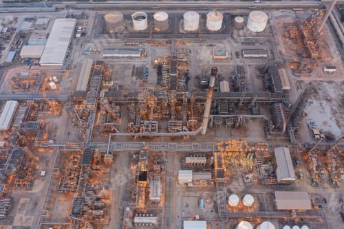 Preview: Aerial view of petrochemical oil refinery and sea in industrial engineering concept in Bangna