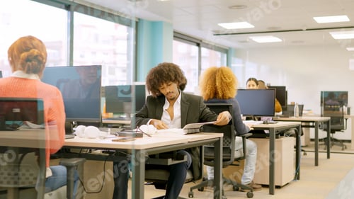 Preview: Multiethnic coworkers working with computers on desks